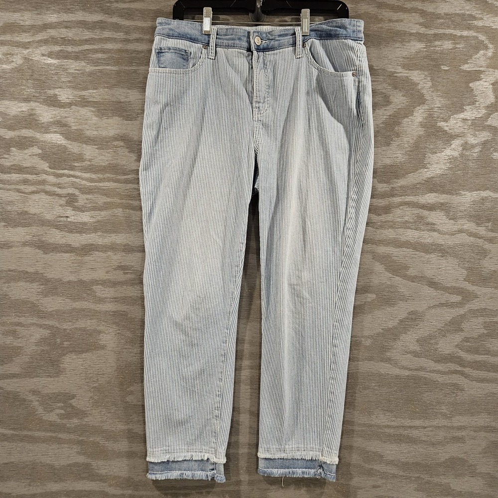 Chico's SZ 10 Blue White Striped Ankle Girlfriend Jeans Nautical Preppy Raw Hem